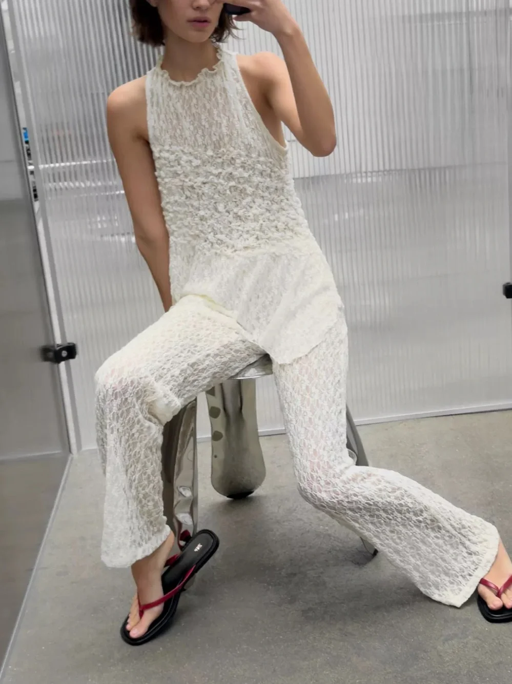 Zara NWT 2 piece SET Pale Butter yellow Cream Lace asymmetric top & Pants SET